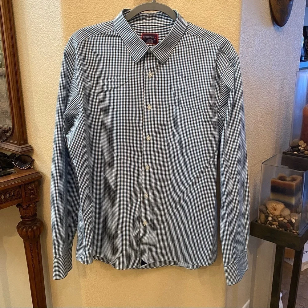 UNTUCKit Men Blue Black Check Winkle Free 100% Cotton Long Sleeve Top-Large